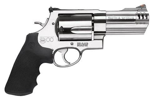Smith & Wesson 163504 Model 500 X-Frame 500 S&W Mag Stainless Steel 4" Threaded Barrel & 5rd Cylinder, Satin Stainless Steel X-Frame, Includes Two Muzzle Brakes & Two Compensators, Internal Lock