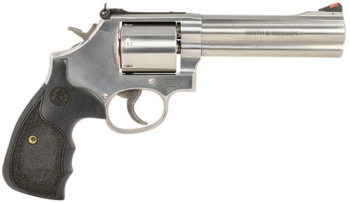 Smith & Wesson 150854 Model 686 Plus 38 S&W Spl +P, 357 Mag 7rd 5" Stainless Steel Barrel & Cylinder Satin Stainless Steel Frame with Black & Silver Custom Wood Grip & Red Ramp Front Sight