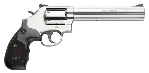 Smith & Wesson 150855 Model 686 Plus 38 S&W Spl +P, 357 Mag 7rd 7" Stainless Steel Barrel & Cylinder Satin Stainless Steel Frame with Black & Silver Custom Wood Grip & Red Ramp Front Sight
