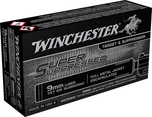 Winchester Ammo SUP9 Super Suppressed 9mmLuger Subsonic 147gr Encapsulated Full Metal Jacket 50 Per Box/10 Case