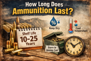 How long does ammunition last infographic showing ammo shelf life of 10–25 years with storage tips like keeping ammo dry and cool in an ammo can