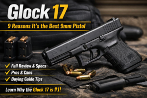 Glock 17 9mm pistol with ammunition on a tactical surface showing the full size handgun used for range shooting and defense